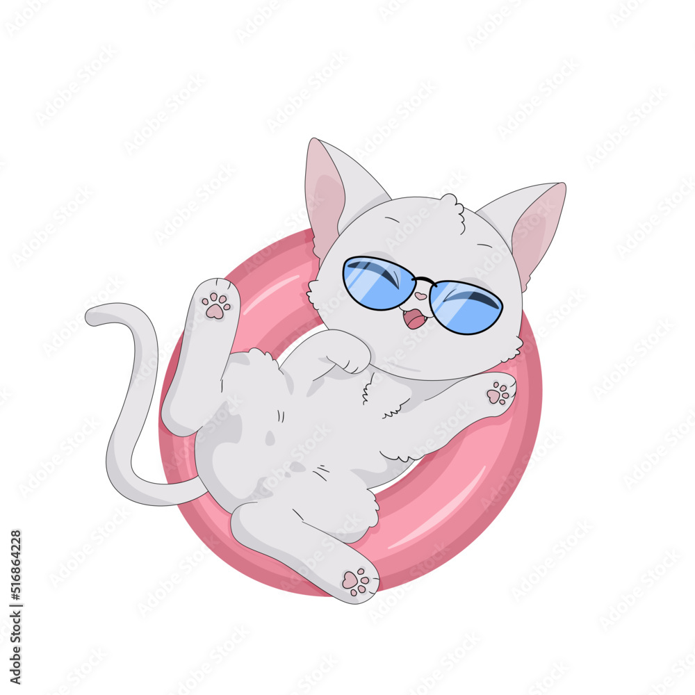 Ręcznie rysowany uroczy mały biały kotek w okularach przeciwsłonecznych. Kot bawiący się w kole do pływania. Wektorowa letnia ilustracja. Słodki, zabawny zwierzak. Obrazki dla dzieci. - obrazy, fototapety, plakaty 