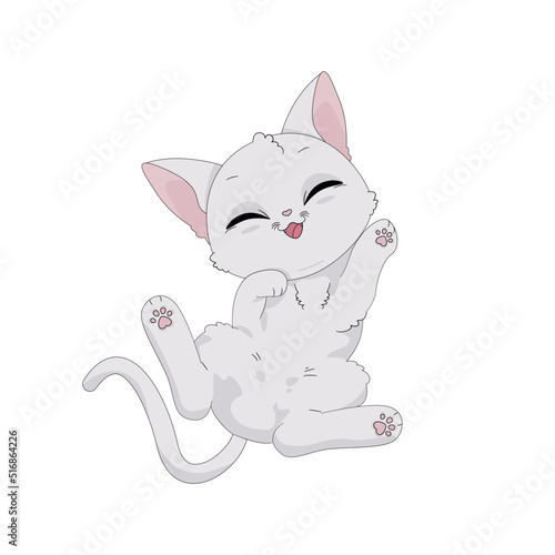 Ręcznie rysowany uroczy mały biały kotek. Wektorowa ilustracja zadowolonego, rozbawionego kota. Słodki, zabawny zwierzak. Obrazki dla dzieci.