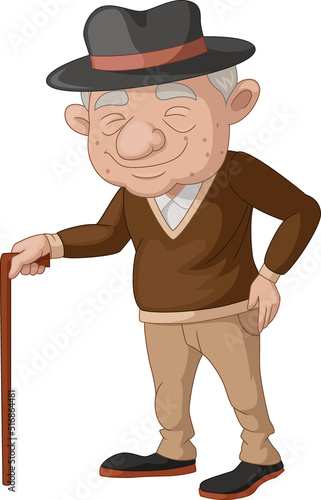 Cute elderly man cartoon with a cane