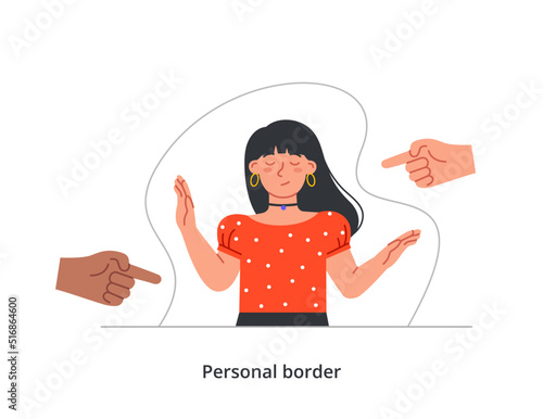 Person protecting personal boundaries. Hands trying to violate personal space of character. Calm woman follows rules when communicating with friends. Cartoon flat vector illustration in doodle style