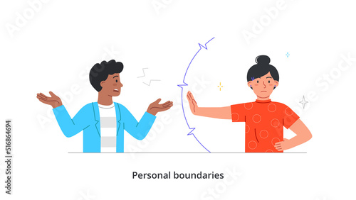 Person protecting personal boundaries concept. Woman shows stop gesture and establishes personal space when communicating and interacting with friends. Cartoon flat vector illustration in doodle style