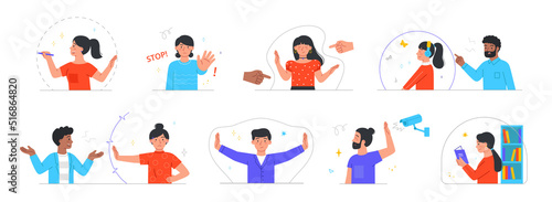 Set of people setting, protecting and violating personal boundaries. Men and women defends psychological comfort and space in society. Cartoon flat vector collection isolated on white background