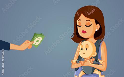 Mother with Baby Receiving Money from Alimony Vector Illustration. Divorced man making payment for child support to his legal guardian
