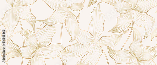 Golden luxury art background with tropical flowers and leaves in line style. Botanical banner with exotic plants for wallpaper, decor, print, textile, design.