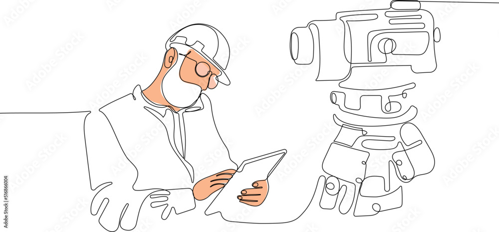 Close up of young Caucasian worker with helmet on head using tablet for work while standing in warehouse. Surveyor with a tripod icon. Geodesic tripod. Vector illustration