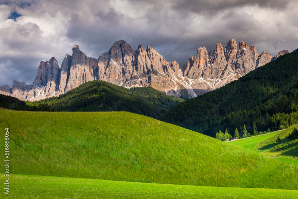 Landscape of St Magdalena countryside in Dolomites, Northern Italy