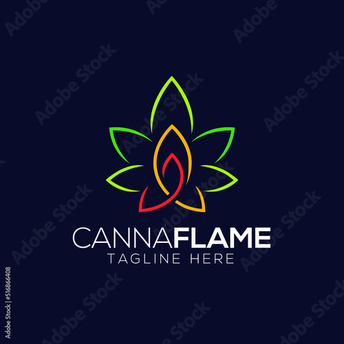 Cannabis and flame logo design template with line art style