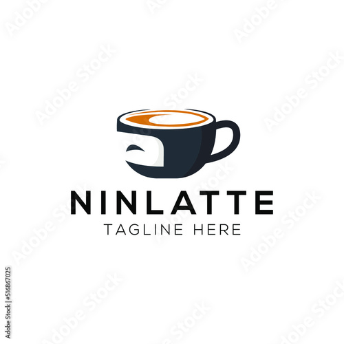 Ninja and coffer cup logo design template with cartoon style