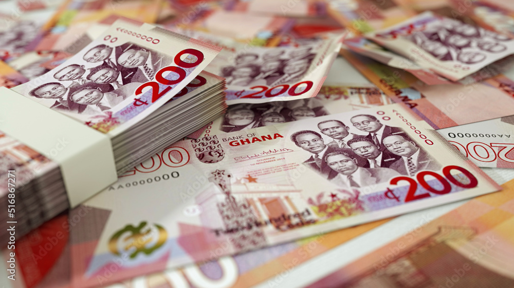 close up of 200 Ghanaian cedi notes spread on table. 3d rendering of money scattered on surface close up of 200 Ghanaian cedi notes spread on table. 3d rendering of money scattered on surface