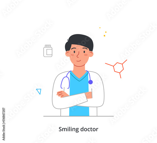 Smiling medical worker. Young smiling man in white uniform and with stethoscope. Doctor, therapist or general practitioner treats diseases. Cartoon modern flat vector illustration in doodle style