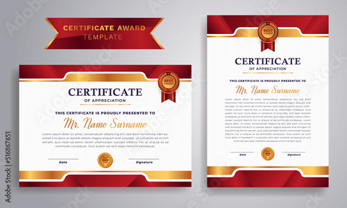 Certificate of appreciation template, gold and red color. Diploma vector template. Certificate border template with luxury and modern line pattern.