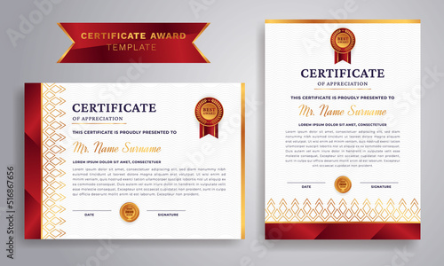 Red and gold certificate of appreciation border template with luxury badge and modern line pattern. For award, business, and education needs