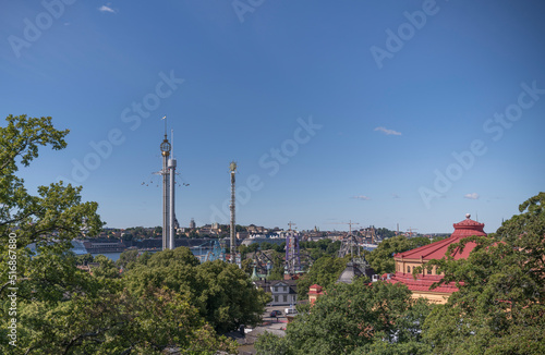 Vista point view over the Tivoli and parks and as sky line the district S  dermalm  a sunny summer day in Stockholm