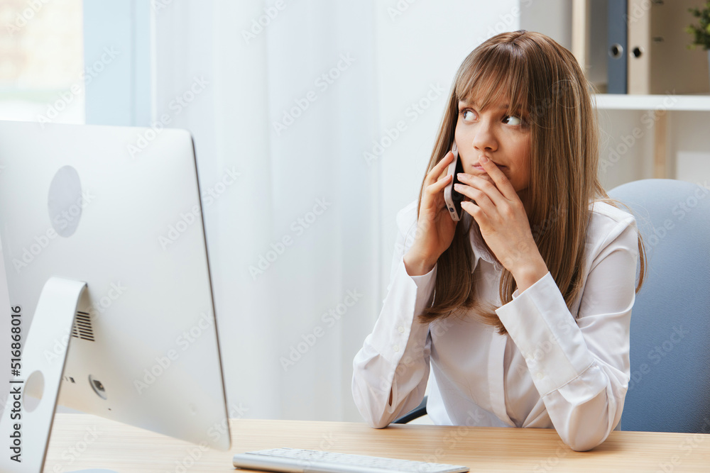 Excited adorable blonde businesswoman worker make difficult decision talking with client in call in light modern office. Nervous employee work on computer online in support service. Copy space Excited adorable blonde businesswoman worker make difficult decision talking with client in call in light modern office. Nervous employee work on computer online in support service. Copy space