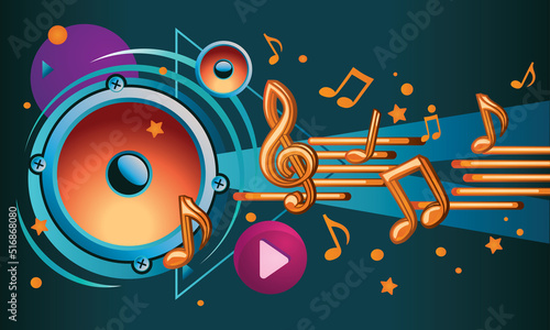 Colorful loudspeaker with golden glossy clef and notes - musical melody design
