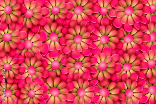 2d, 3d hybrid illustration of bright red, pink, and yellow flower pattern background texture.
