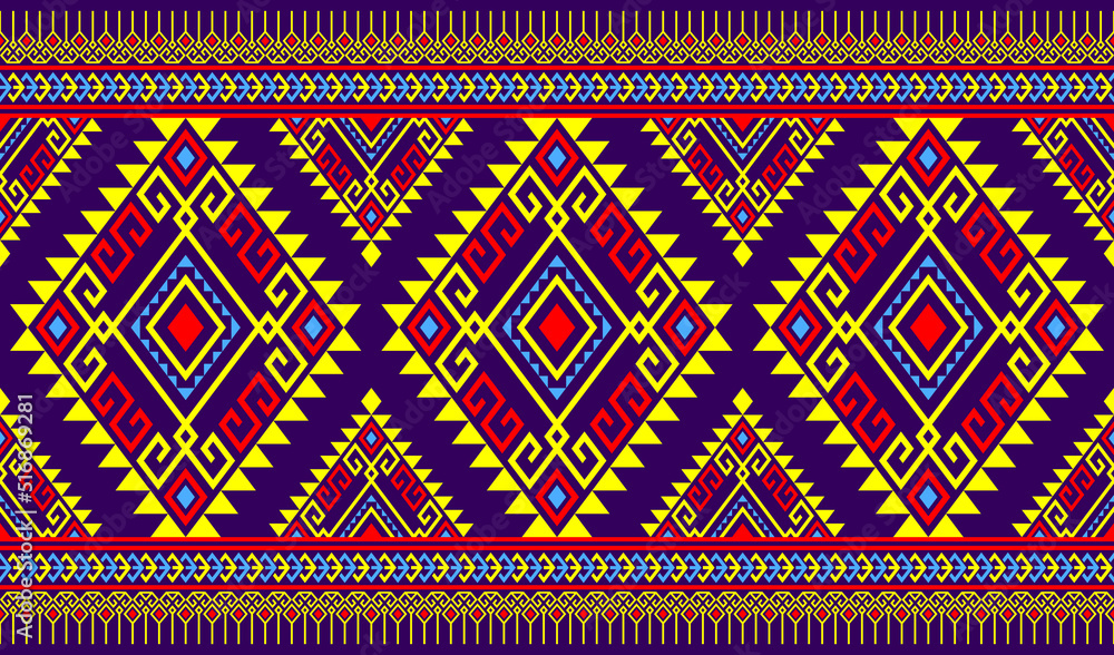 Red Yellow Symmetry Geometric Ethnic Seamless Pattern on Purple Background
