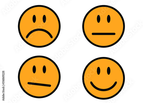 Emoji with sad, serious and happy face. Set of emojis with emotions on white background.