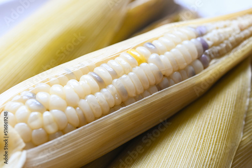 ripe corn cobs steamed or boiled for food vegan dinner or snack, waxy corns or sweet corn cooked background photo
