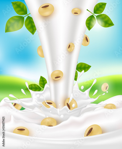 Soy milk splash pouring down for package design. Milk and Calcium. Dietary supplement bone, Medical or healthcare concept. 3d Vector EPS10 illustration