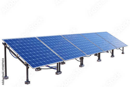 Solar panels. Green energy. Solar power plant on metal supports. Innovative sunlight traps. Alternative ways to generate electricity. Renewable power plant. Solar panels isolated on white. 3d image.