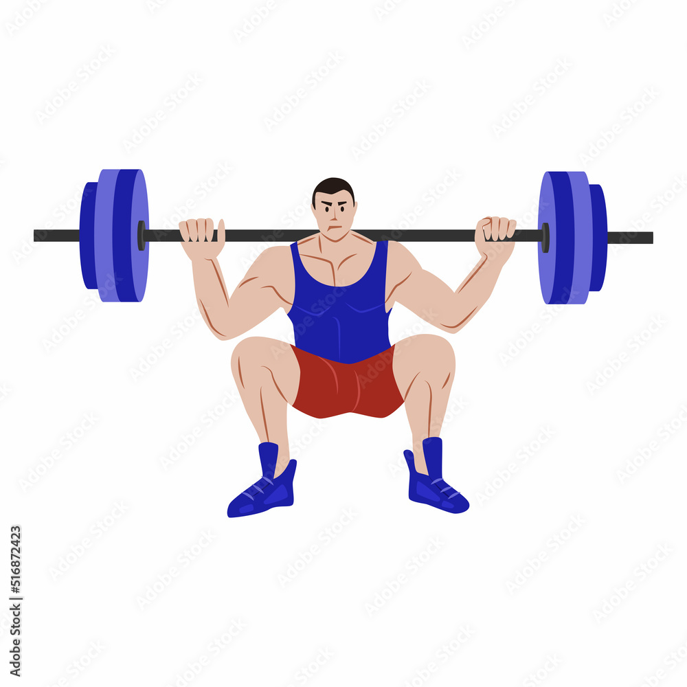 A man with a barbell on his shoulders squatting, about to get up. Vector flat illustration isolated on a white background. A man with a barbell on his shoulders squatting, about to get up. Vector flat illustration isolated on a white background.