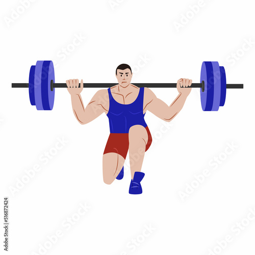 A man on one knee with a barbell on his shoulders. Vector flat illustration isolated on a white background.
