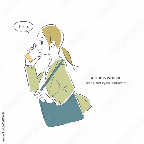 スマホで通話をするビジネスウーマン　シンプルでお洒落な線画イラスト
