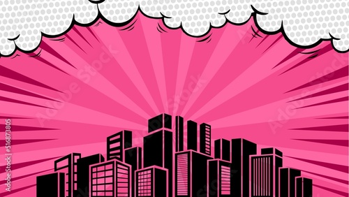 Comic pink background with city silhouette and cloud
