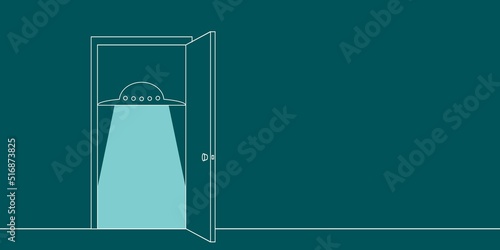 Open door leading to flying saucer. Science fiction concept