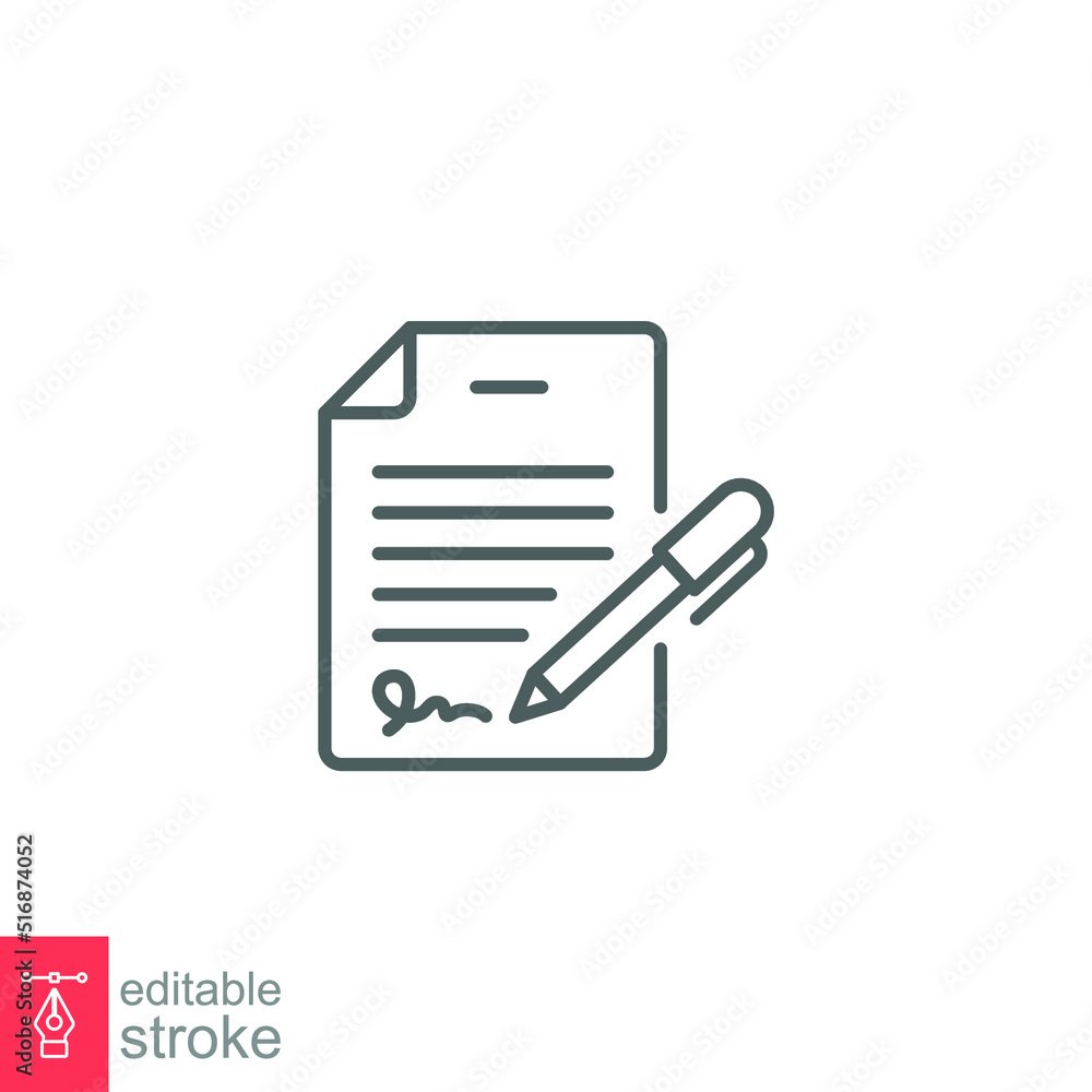 Pen signing contract icon. Simple outline style. Signature, paper, thin line symbol isolated on white background for graphic and web design. Editable stroke EPS 10. Pen signing contract icon. Simple outline style. Signature, paper, thin line symbol isolated on white background for graphic and web design. Editable stroke EPS 10.