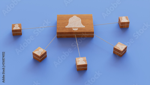 Alert Technology Concept with bell Symbol on a Wooden Block. User Network Connections are Represented with White string. Blue background. 3D Render. photo