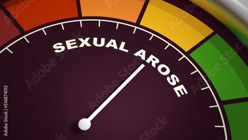 Sexual arose meter scale with arrow. The libido level measuring device icon. Sign tachometer, speedometer or indicator. Infographic gauge element. 3D render photo