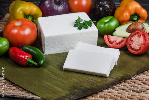 Mexican white panela cheese with fresh ingredients in Mexico Latin America	 photo