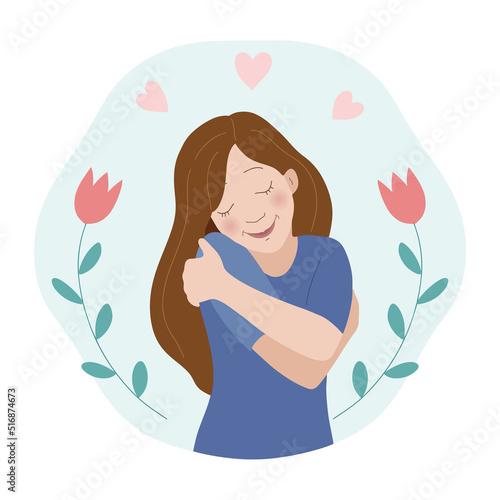 Self love concept, happy woman hugging herself, illustration in a flat style.