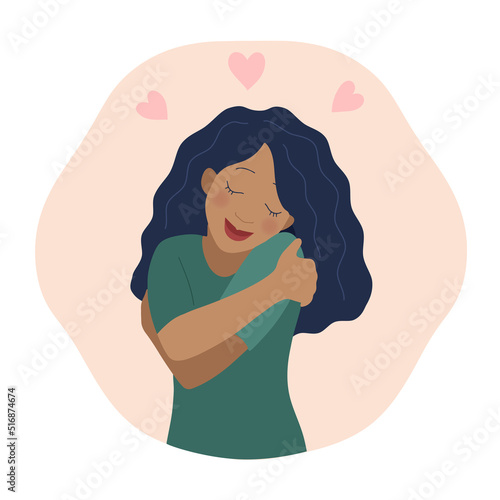 Self love concept, happy woman hugging herself, illustration in a flat style.