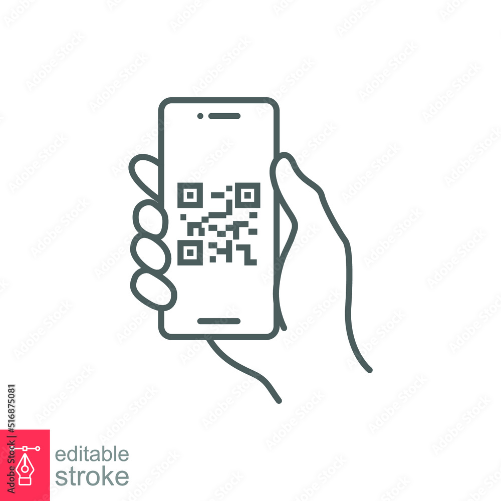 QR code scanning in smartphone screen. Hand holding Mobile phone. Simple line icon style, barcode scanner for pay, web, mobile app. Vector illustration isolated. Editable stroke EPS 10. QR code scanning in smartphone screen. Hand holding Mobile phone. Simple line icon style, barcode scanner for pay, web, mobile app. Vector illustration isolated. Editable stroke EPS 10.