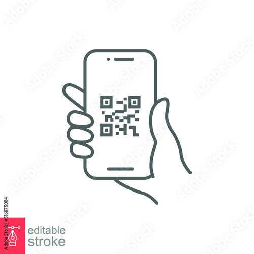 QR code scanning in smartphone screen. Hand holding Mobile phone. Simple line icon style, barcode scanner for pay, web, mobile app. Vector illustration isolated. Editable stroke EPS 10.