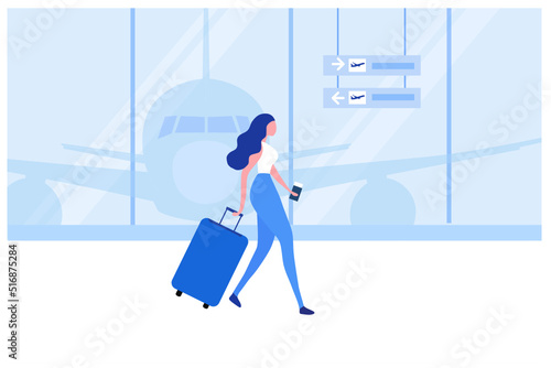 Travel aboard concept, Woman with travelling bag walking at the airport vector illustration. 