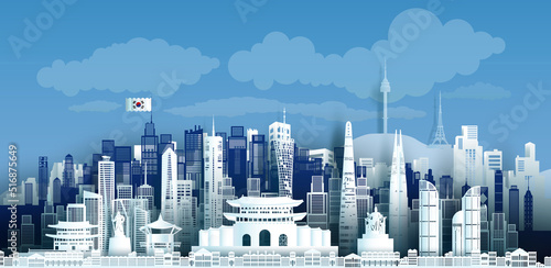 Travel landmark of Korea skyline in silhouette vector isolated cityscape.