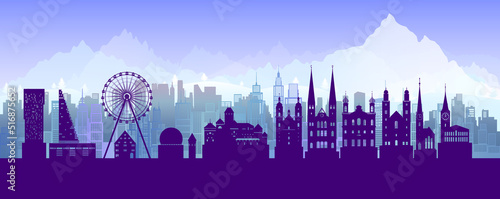 Travel landmarks switzerland with silhouette architecture background.