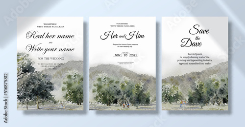 Wedding invitation card set with watercolor landscape paintings tourist in summer.