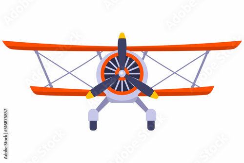 old two-winged plane with a propeller front view. flat vector illustration.