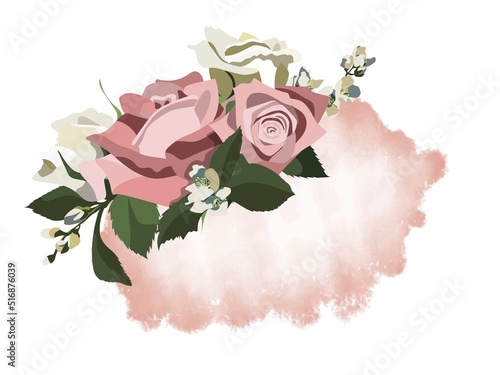 Floral template with white and pink roses, jasmine and greenery on watercolor styled pink background