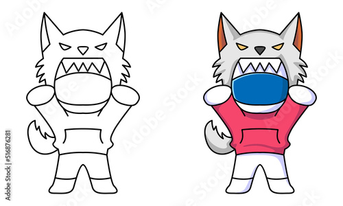 cute astronaut with wolf costume coloring page for kids