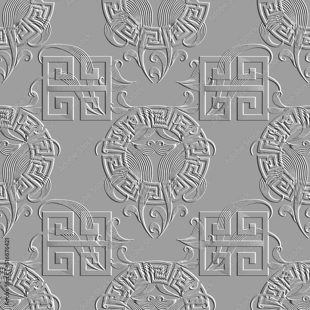 Greek key meander emboss 3d seamless pattern. Vector abstract white textured background with embossed flowers, swirl lines, circles, squares, geometric shapes. Relief surface ancient 3d ornaments