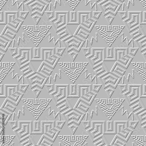 Triangles seamless pattern. Greek textured 3d white background. Emboss geometric repeat backdrop. Greek key meanders relief surface ornament. Embossed triangle shapes, zig zag grunge doodle lines