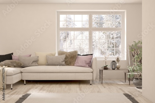 White living room with sofa. Scandinavian interior design. 3D illustration