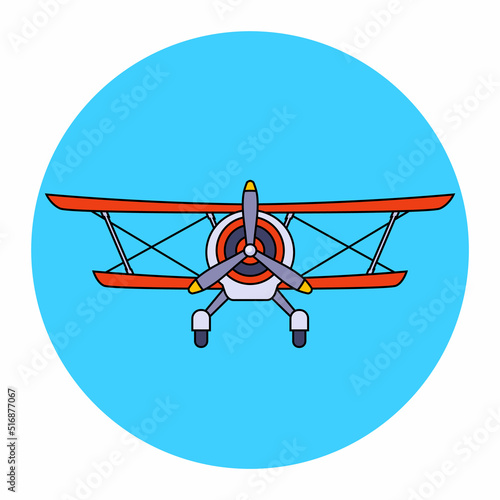 old two-winged plane with a propeller front view. flat vector illustration.
