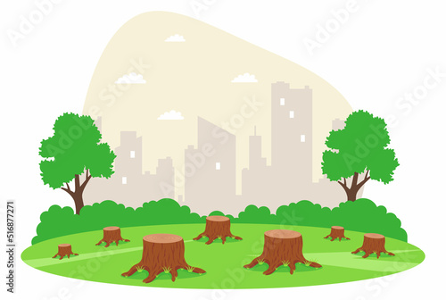 meadow with cut down trees. illegal logging. flat vector illustration.